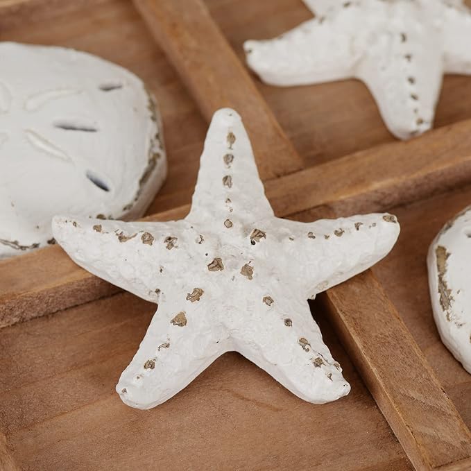 NIKKY HOME Beach Tic Tac Toe for Fun Starfish Sand Dollar Coastal House Coffee Table Decor Wood Board Travel Game 8.97 by 8.97-in Distressed White