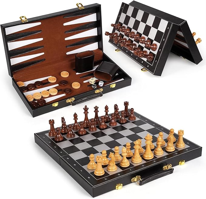3 in 1 Magnetic Chess Set & Checkers Backgammon Board Game Set 15 Wooden Folding Chess Board Tournament Portable Travel Chess Set Beginner Chess Board Game for Adults & Kids