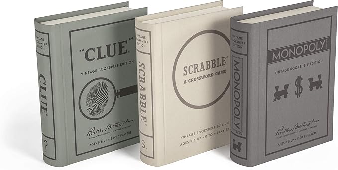 WS Game Company Vintage Board Games Bookshelf Collection - Scrabble Monopoly & Clue in Book-Style Cases for Family Game Night Classic Board Games for 2-6 Players Ages 8+