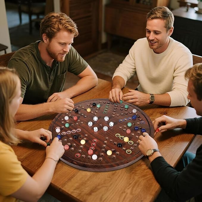 HOROW Wahoo Board Game - 20 Inch Solid Wood Board with 24 Natural Gemstone Marbles & 6 DiceDouble-Sided for 4 and 6 Players - Perfect for Family Game Nights and Parties(Deluxe Edition)
