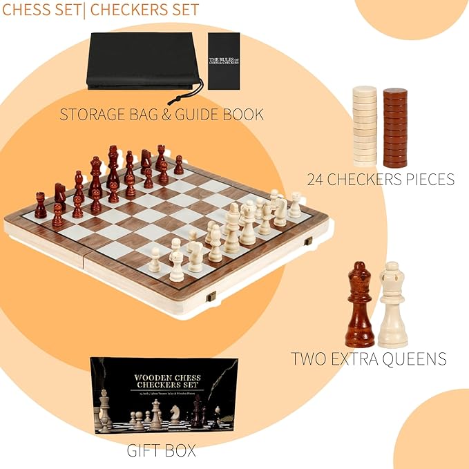 Chess Board Sets 15 Inch Magnetic Chess Set for Adults & Kids Checkers Board Game Handmade Folding Chess Boards with 2 Extra Queens by Kiapeak