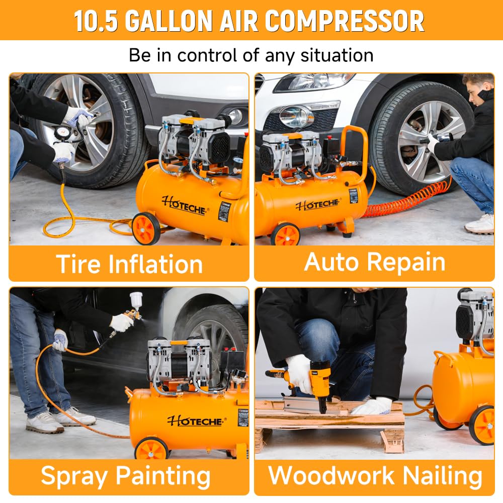 HOTECHE 10.5 Gallon Silent Oil-Free Air Compressor, 115 PSI 1.8HP High Pressure Ultra Quiet Electric Air Pump with Dual Cylinders, 150L/Min High Flow for Home Garage, Workshop, Painting & Air Tools