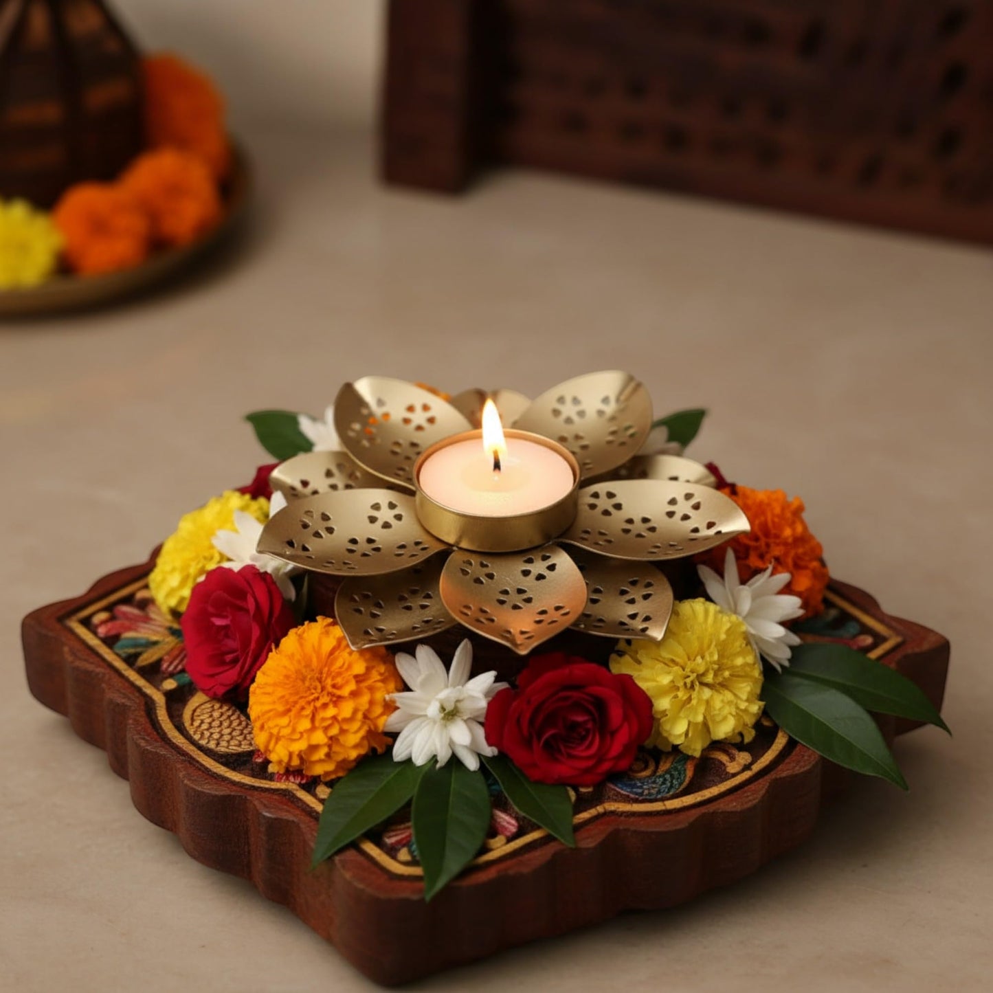 Decorative Metal Tea Light Candle Holder, Gold, Flower Design with Heart Pattern Cutouts, 3 Inch