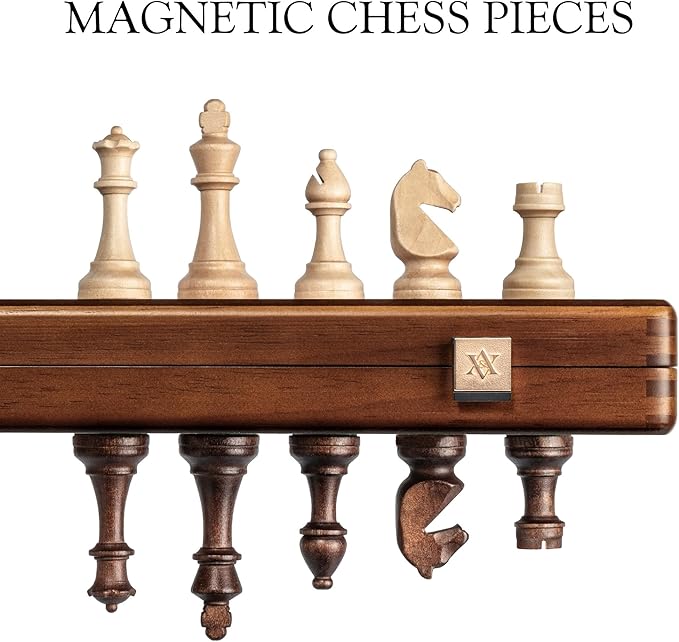 A&A 15 Magnetic Wooden Chess Set Handmade 3 King Height Staunton Chess Pieces with 2 Extra Queens Folding Portable Travel Game Set