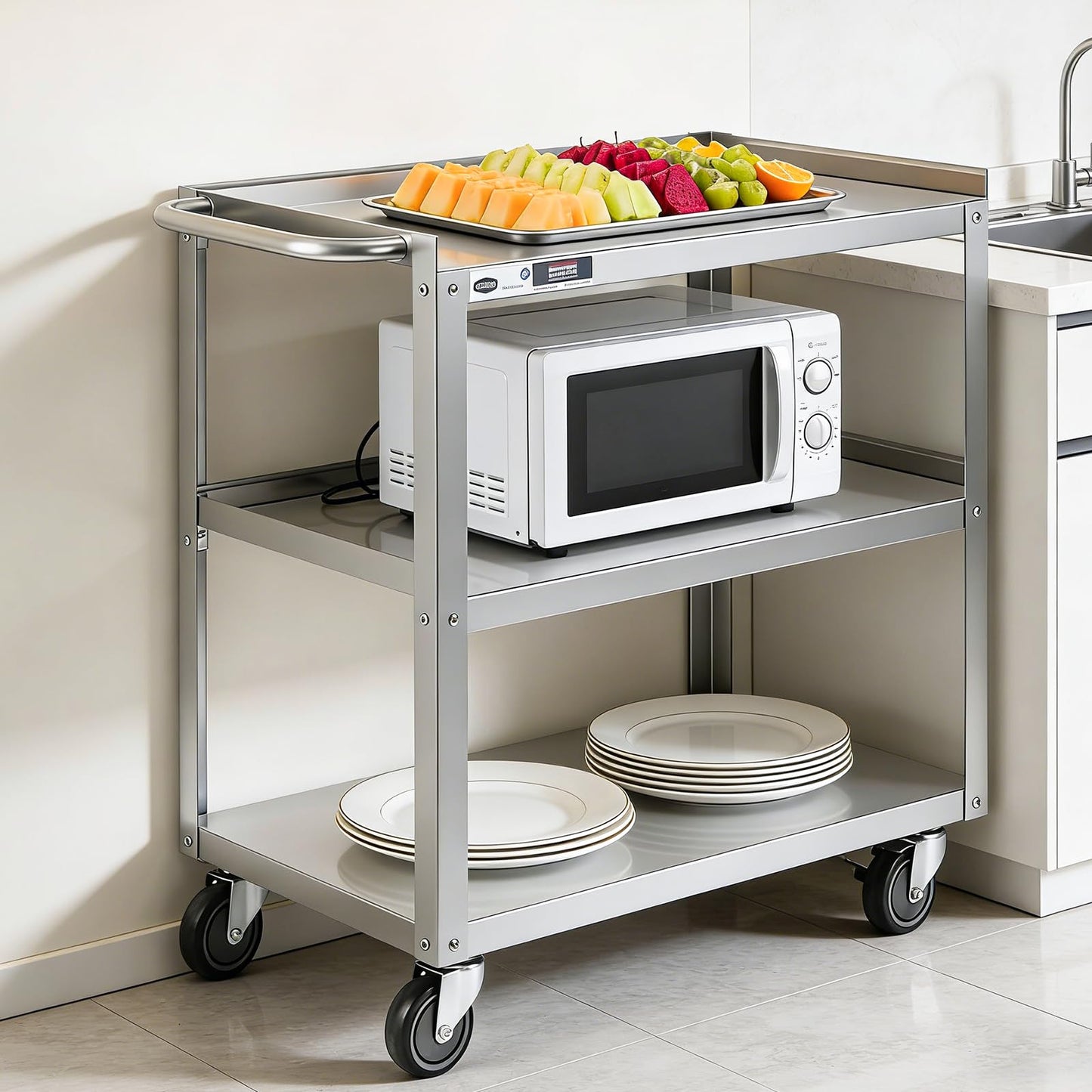 Hally Stainless Steel Utility Cart 3 Tier NSF Commercial Heavy Duty Metal Mobile Food Rolling Cart with Handle and Wheels for Kitchen, Restaurant, Hospital, Laboratory and Home, 31" L x 19" W x 34" H