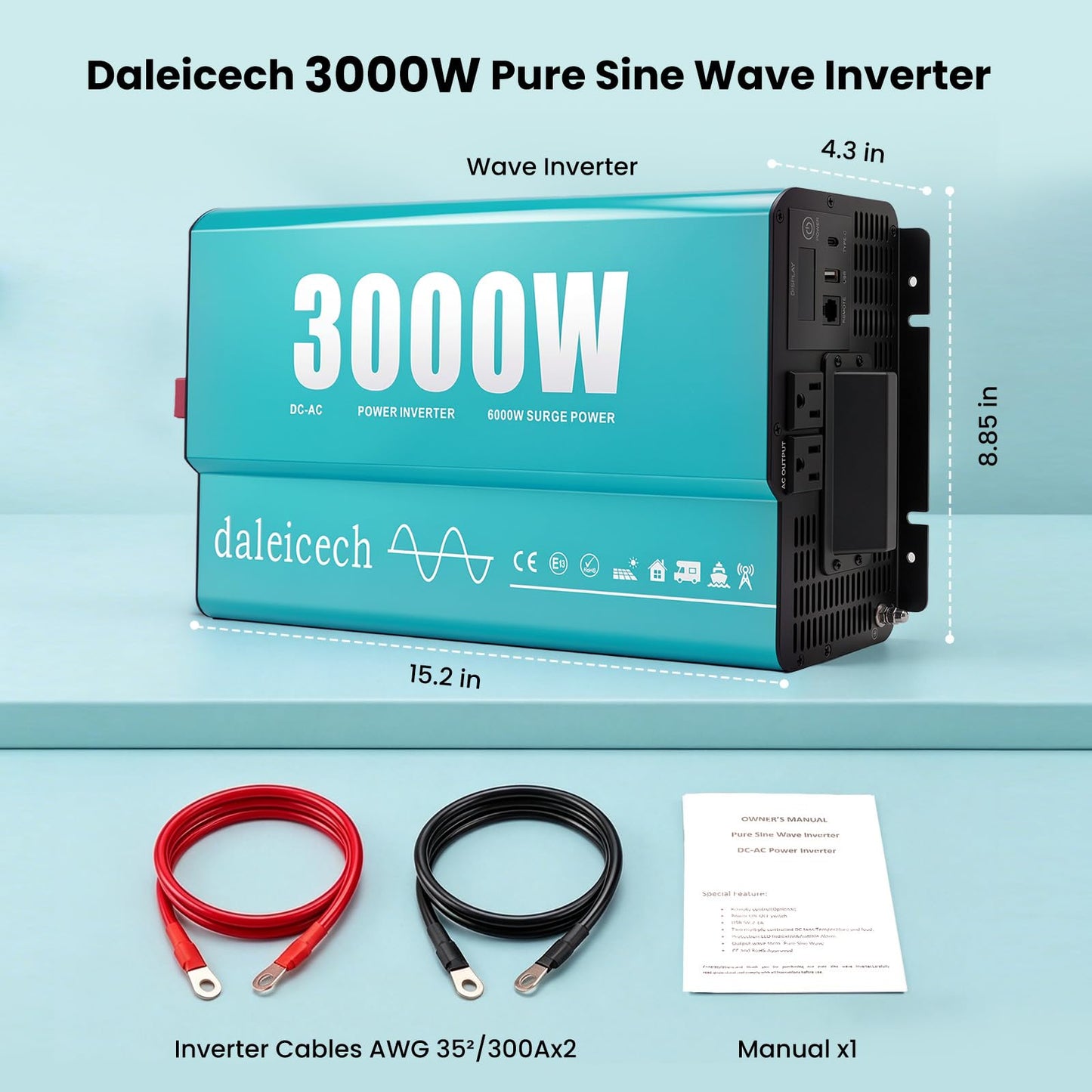 3000W Pure Sine Wave Inverter 12V DC to 120V AC, 6000W Peak, Heavy Duty Power Inverter for Semi Truck RV Off-Grid Solar Home Backup, Dual AC Outlets, Remote & LCD Ready