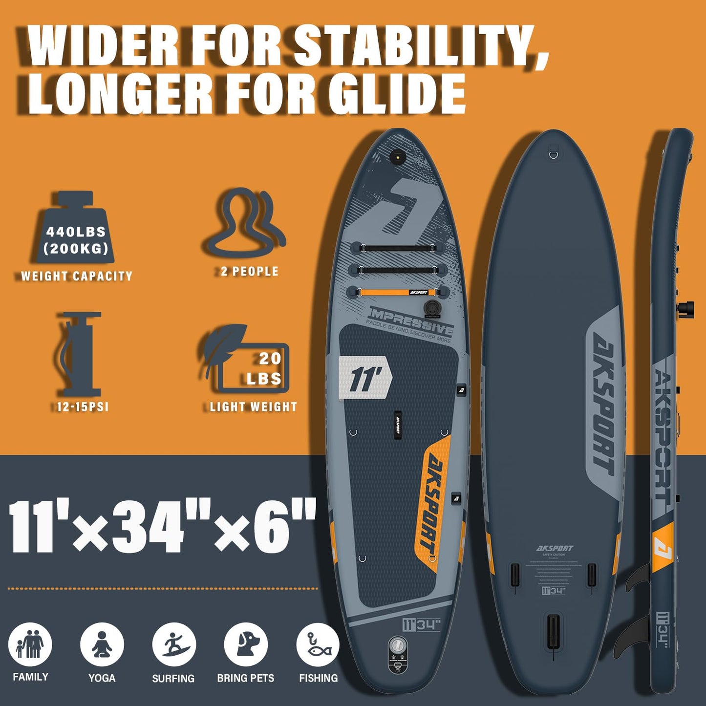 AKSPORT 11' x 34'' x 6'' Inflatable Stand Up Paddle Board SUP with Full Accessories,Wide Stable Design, Non-Slip Deck- 2-in-1 Convertible SUP/Kayak for Paddling/Fishing