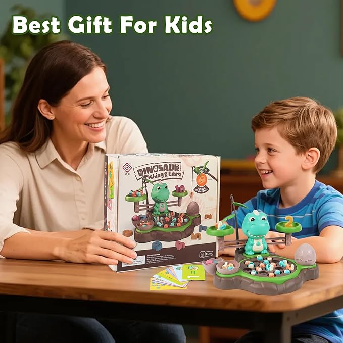 Magnetic Dinosaur Fishing Game for Kids Best Birthday Gift for 3-5 5-7 Year Old Boys & Girls 2-in-1 360° Rotation Fishing Toy with Balance Scale & Counting Player Board Game for Toddlers