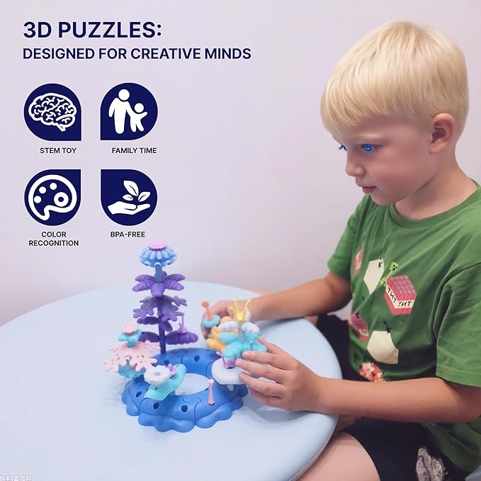 Ultimate Coral Reef STEM Building Set with Storage Box - 136PC Mega Collection 8+ Sea Creatures for Classroom Learning Kids Ages 3-6(Ocean-World-L3)