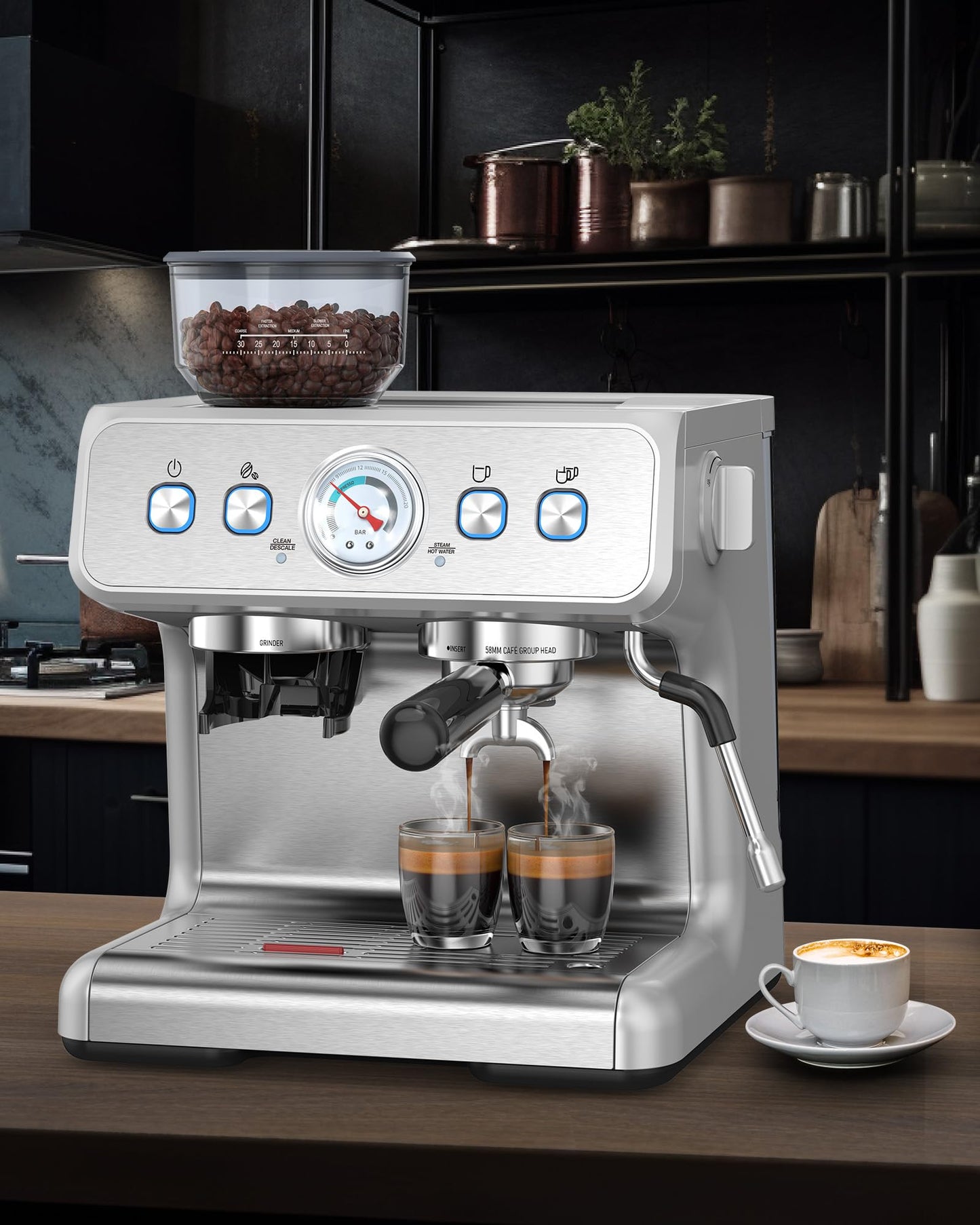COWSAR Espresso Machine with Grinder, 2025 Upgraded Espresso Machine 15 Bar, Expresso Machine with Milk Frother Steam Wand, 75 Oz Removable Water Tank for Cappuccino, Latte, Stainless Steel