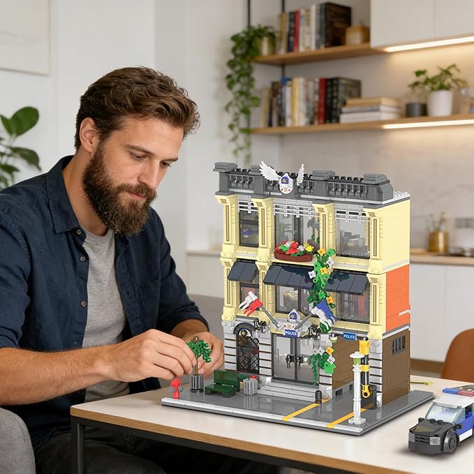 City Police Station Building Set Compatible with Lego Retro Modular 3-Story Architecture with LED Lights Realistic Street Scene Display for Adults & Teens (1445 Pieces)