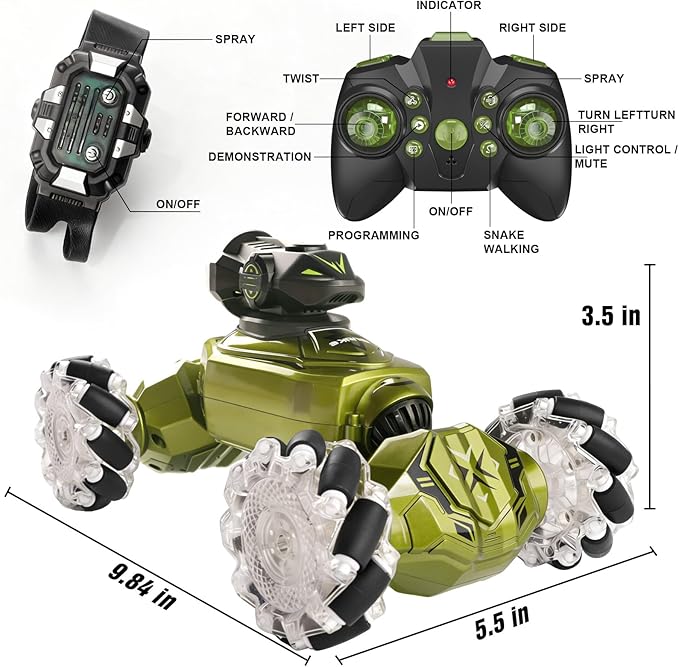 Gesture Sensing Remote Control Car RC Cars Toys for Boys Age 6-12 4WD Hand Controlled Twist & Transform 360° Spins Stunt Car with Mist Light & Music 8-10 Year Old Boys Birthday Gift Green