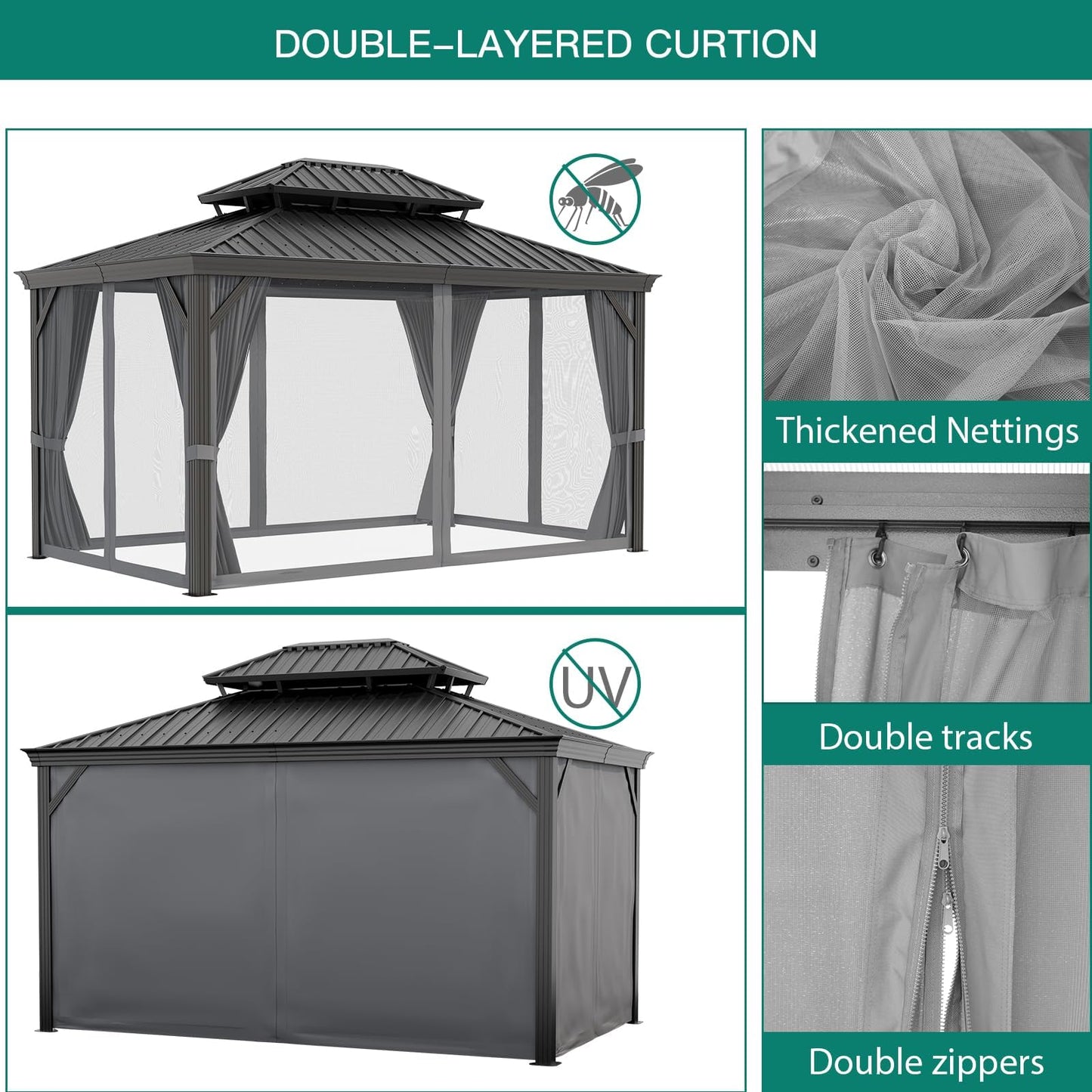 12x18 FT Hardtop Gazebo, Heavy Duty Iron Double Roof Outdoor Pavilion with Mosquito Netting and Privacy Curtains, Waterproof UV Protection for Patio Garden Backyard Deck