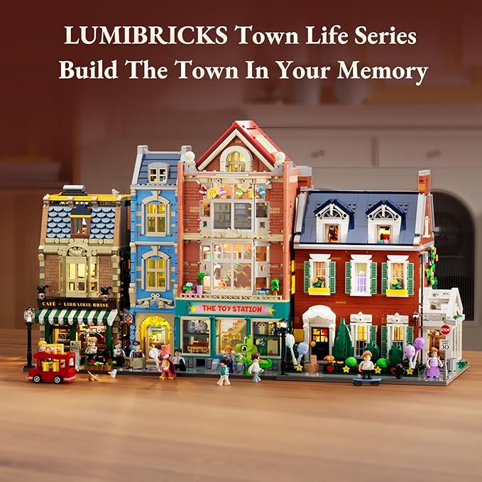 Redbrick Row House Lighting Building Bricks Set - City Town LED Light Modular Construction Model Collection Display Kit with Minifigures 2663 Pcs for Adults & Teens