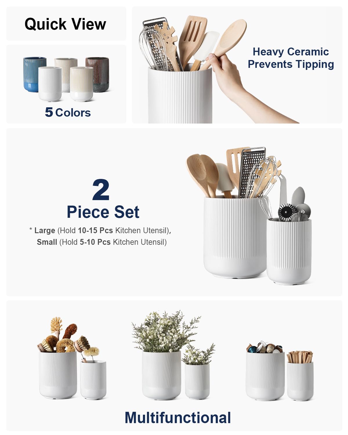 LE TAUCI Utensil Holder, 7.3"+5.4" Ceramic Kitchen Utensil Holder for Countertop, Large Cooking Utensil Crocks for Kitchen Counter Decor, Morden Utensil Organizer for Spatula, Set of 2, White