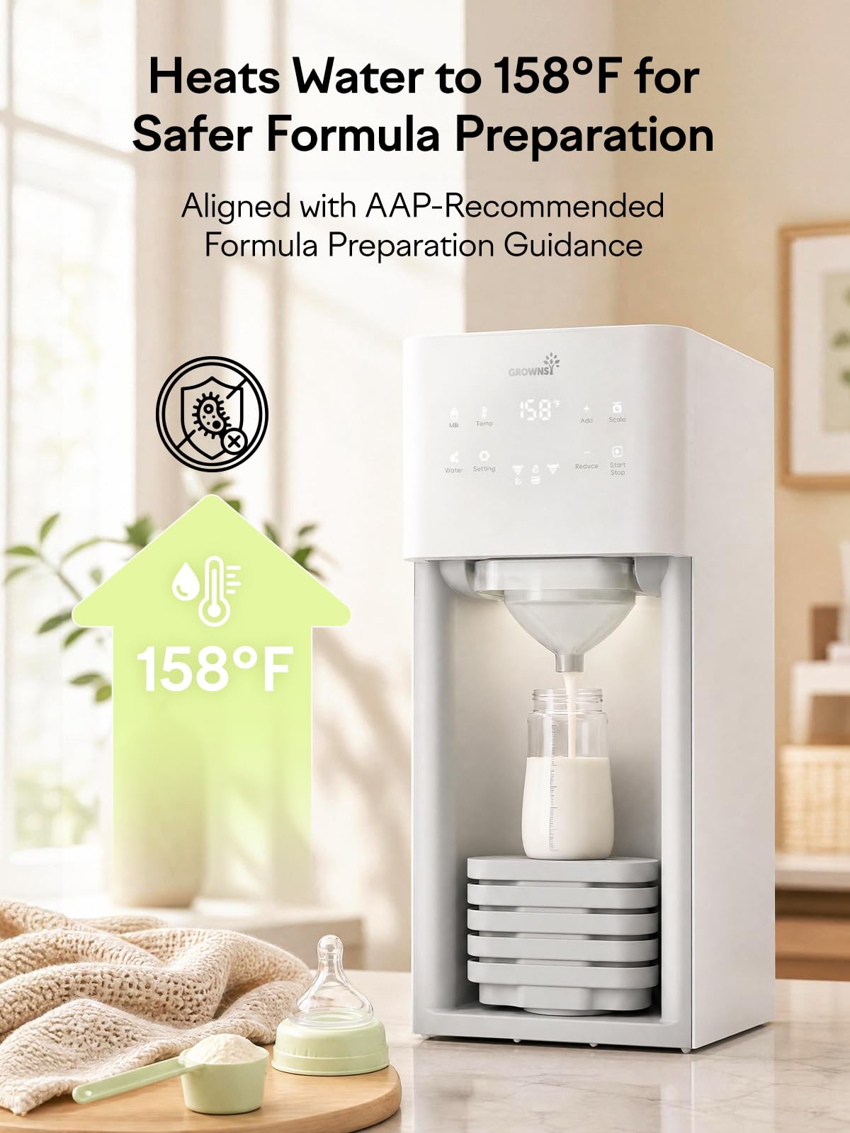 GROWNSY Baby Formula Maker, Ultra-Precise Automatic Formula Dispenser, Formula Mixer with One-Touch Instant Bottle Prep, 304 Stainless Steel Tank, Fits Most Baby Bottles, White