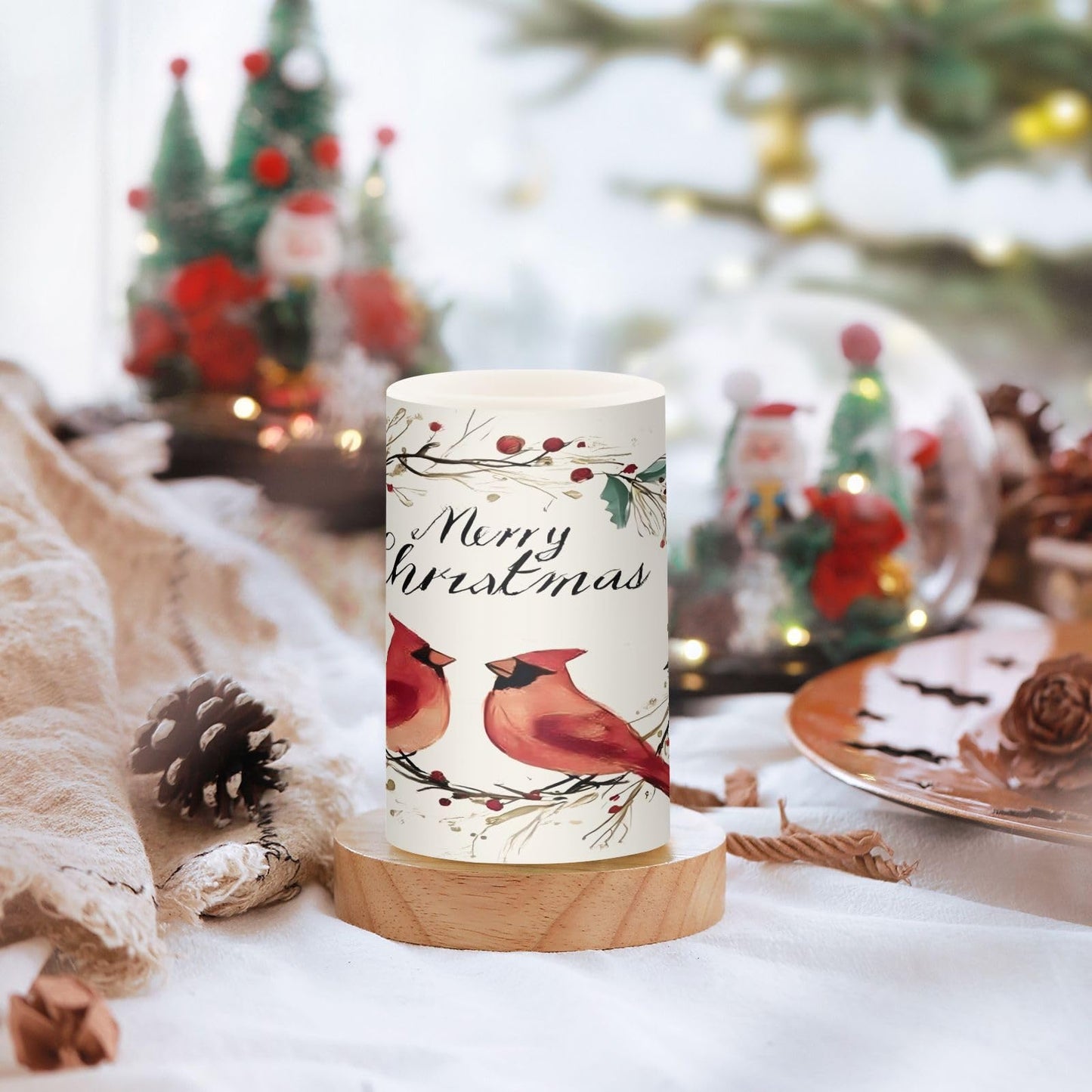 ALAZA Xmas Wreath Cardinals Red Bird Flameless Candles Flickering LED Candles with Remote Timer Battery Operated Pillar Candles Set of 2 for Dinner Holiday Decor