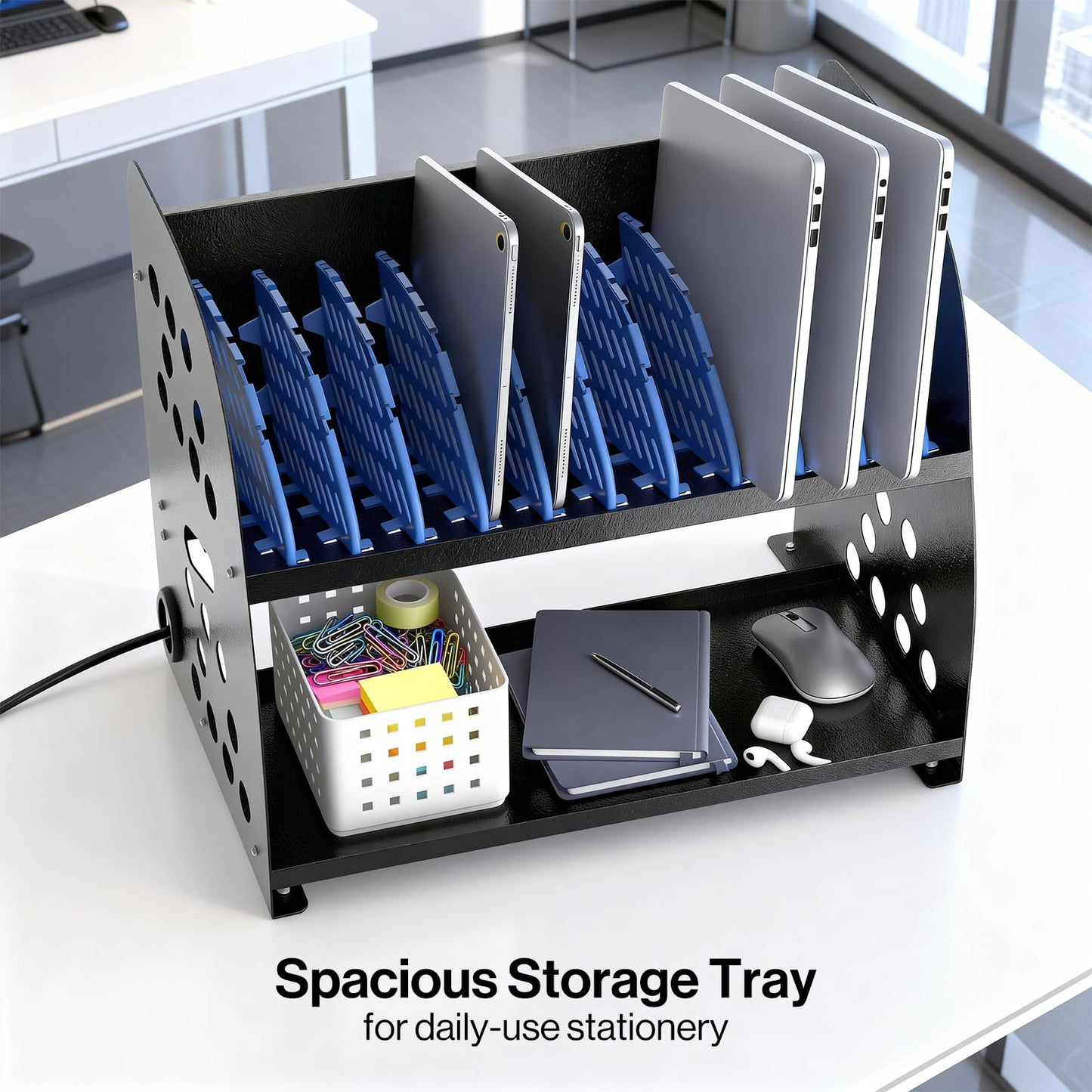 POCHAR 10-Device Charging Station for Chromebook, Tablet - Laptop Storage Rack with Storage Space, Multi-Device Charging Organizer for Classroom, Office, Hospital