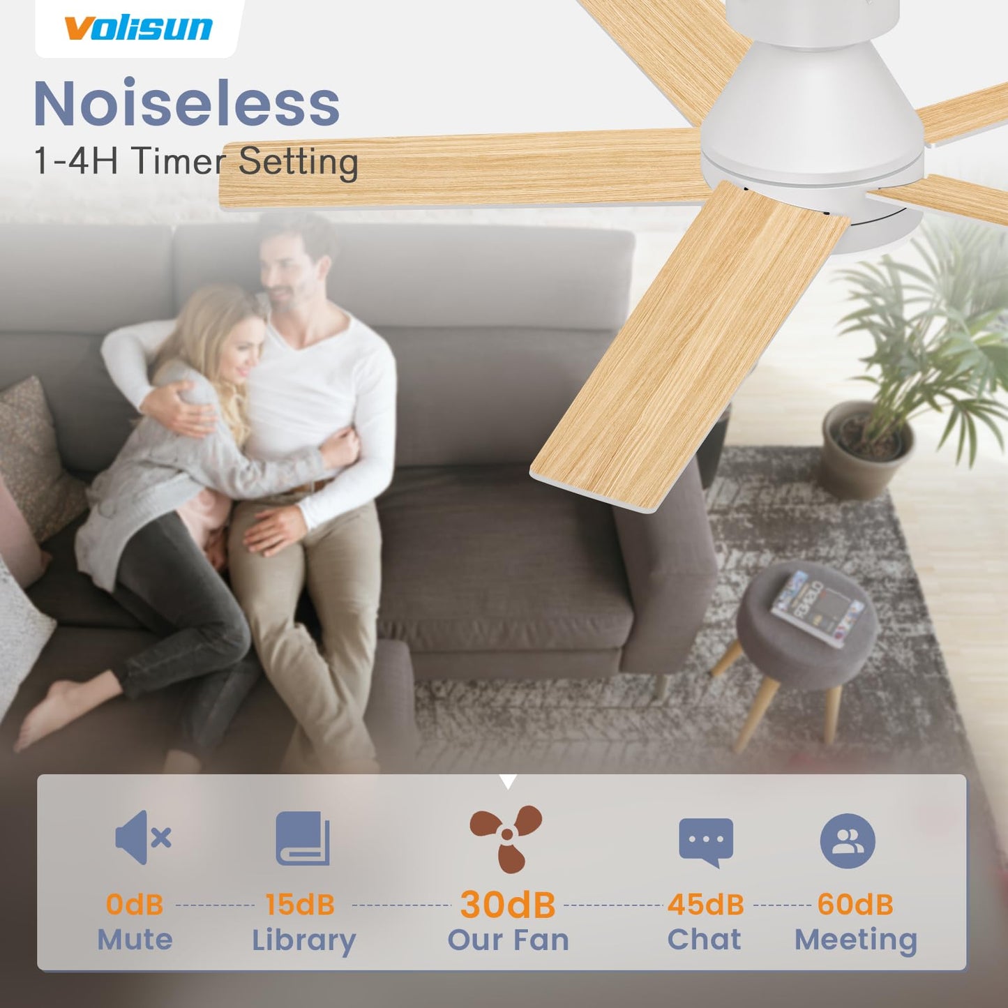 VOLISUN Ceiling Fan with Lights and Remote, 42 inch Low Profile Ceiling Fan with Light, Reversible, 3CCT, Dimmable, Noiseless, White Flush Mount Ceilings Fans for Bedroom, Indoor/Outdoor