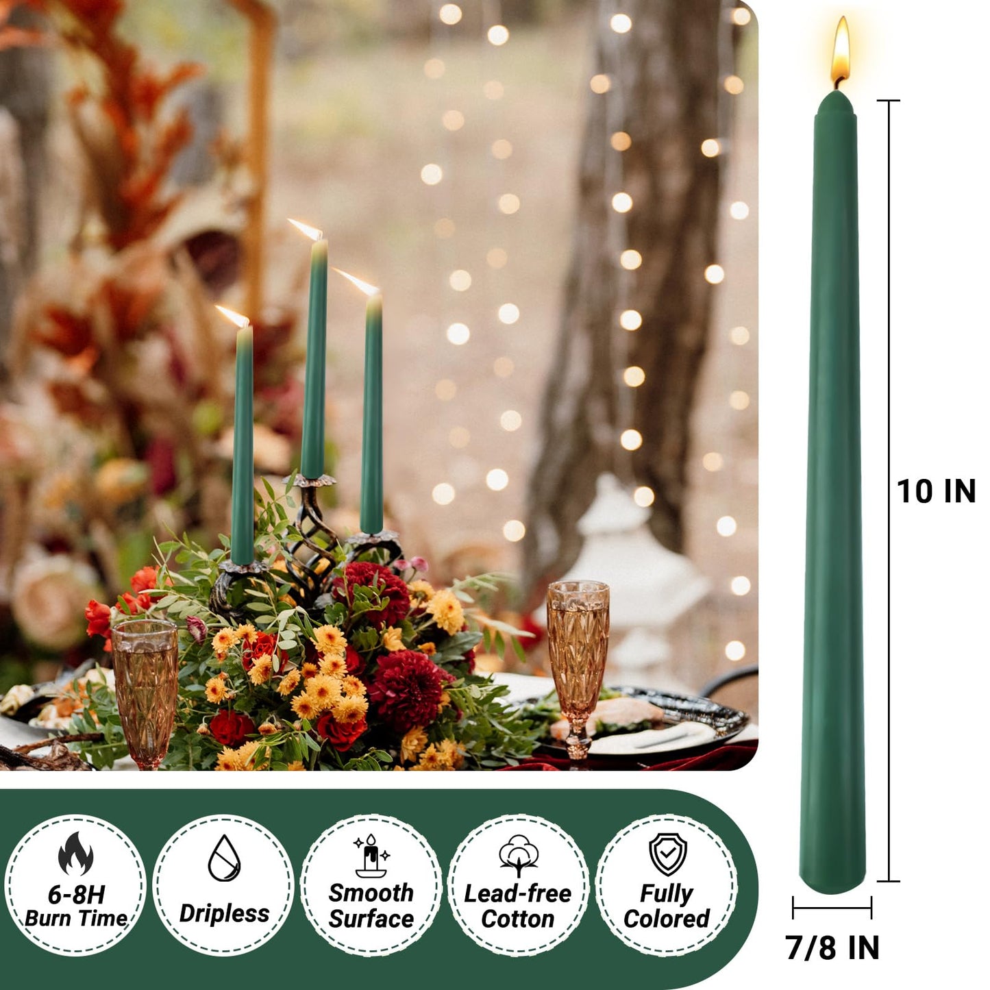 12 Pack 10 inch Hunter-Green Taper Candle Set for Holiday Dinner Party, Unscented Long Candlesticks, Dripless and Smokeless, 7-8 Hours Burn