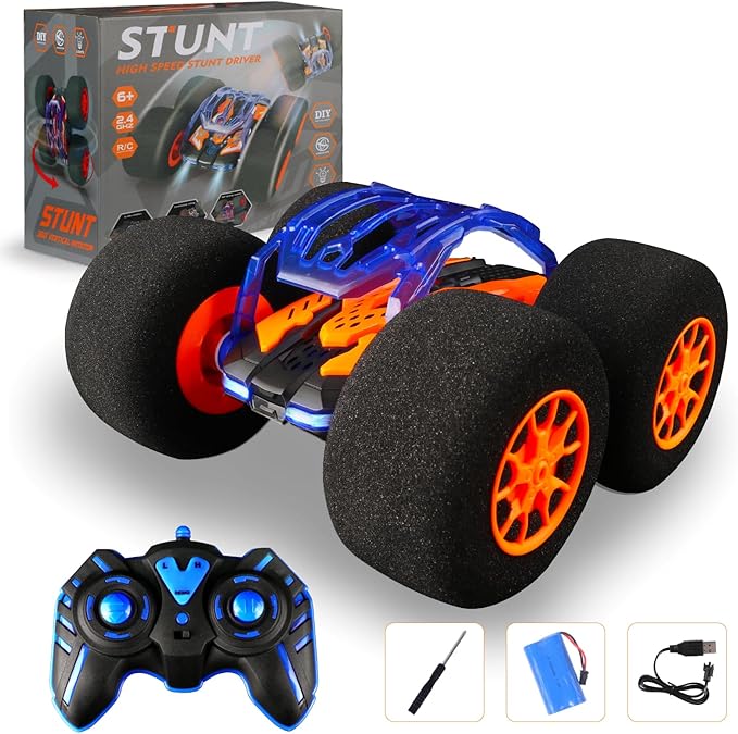 Indoor RC Car Stunt Remote Control Car Toys with Soft Wheels RC Cars for Kids Indoor Outdoor with LED headlight & Crazy Stunts 360° Flips Double Sided Vehicle 2.4GHz Remote Control for Boys Girls