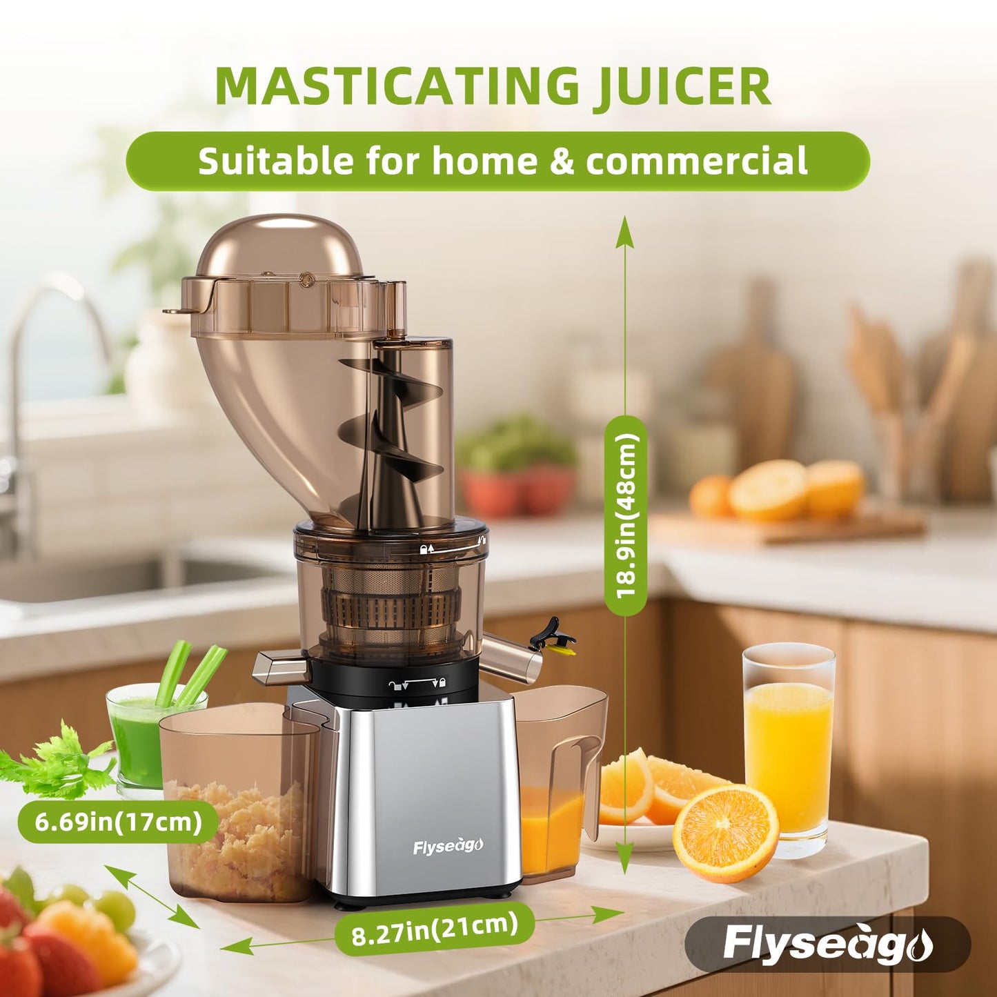 Flyseago Commercial 300W Cold Press Juicer Machines - Dual Outlet for Juice & Pulp, High Yield, Masticating Juicers, Heavy Duty Stainless Steel, Quiet Motor, Easy Clean for Restaurants, Bars
