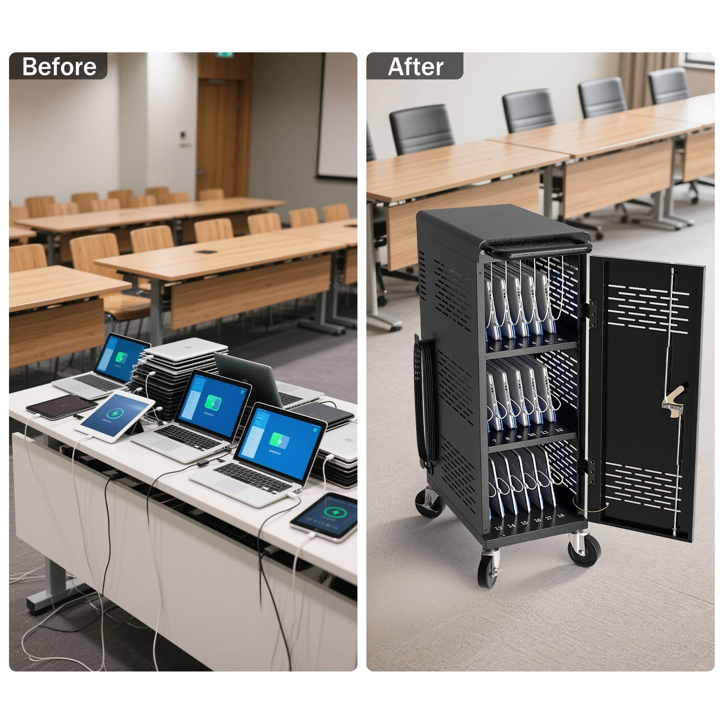 Fully Assembled 18-Device Charging Cart for Chromebook - Locking Laptop Cabinet with Cable Management, Cord Organization, Power Strip - Locks and Stores Tablets up to 14'' and 1.4'' Thick (Black)