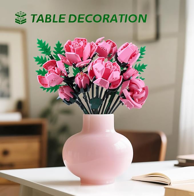 Pink Rose Flower Building Set-10pcs Roses & 2pcs Leaves Botanical Collection Artificial Flowers for Home Décor Rose Bouquet Building Kit for Valentine’s Day Christmas Birthday Anniversary (No Va