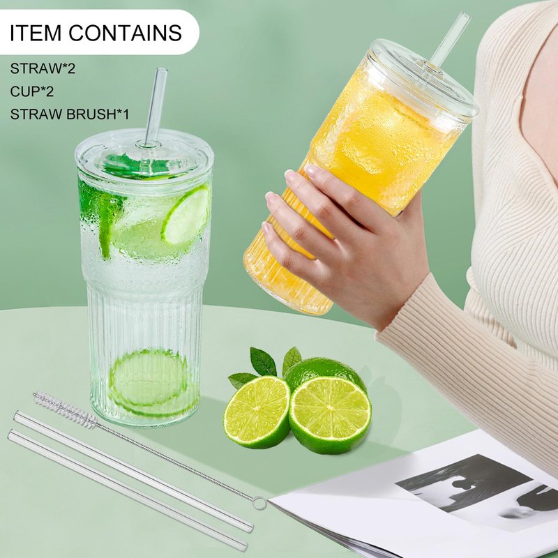 Luiaiog Glass Cups with Lids and Glass Straws, High Borosilicate 20OZ Tumblers (2Pcs) for Coffee, Tea, Juice, Smoothies, Hot/Cold Drinks at Home, Office(Creative Drink Label Design)