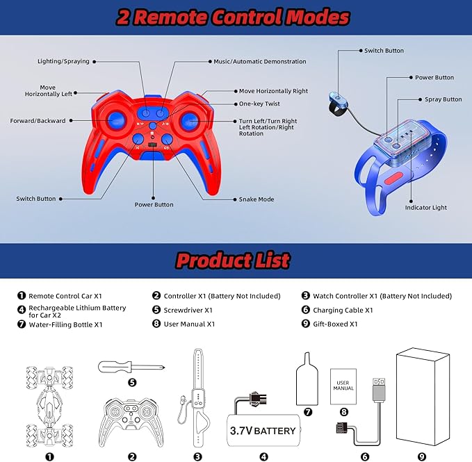 Unique 4WD 360° Rotating Gesture Sensing RC Stunt Car Double‑Sided Driving RC Drift Car with Lights Music & Spray Kids Outdoor Cars Toys for Ages 6-12 Gifts for Boys 6-122 Replaceable Batteri