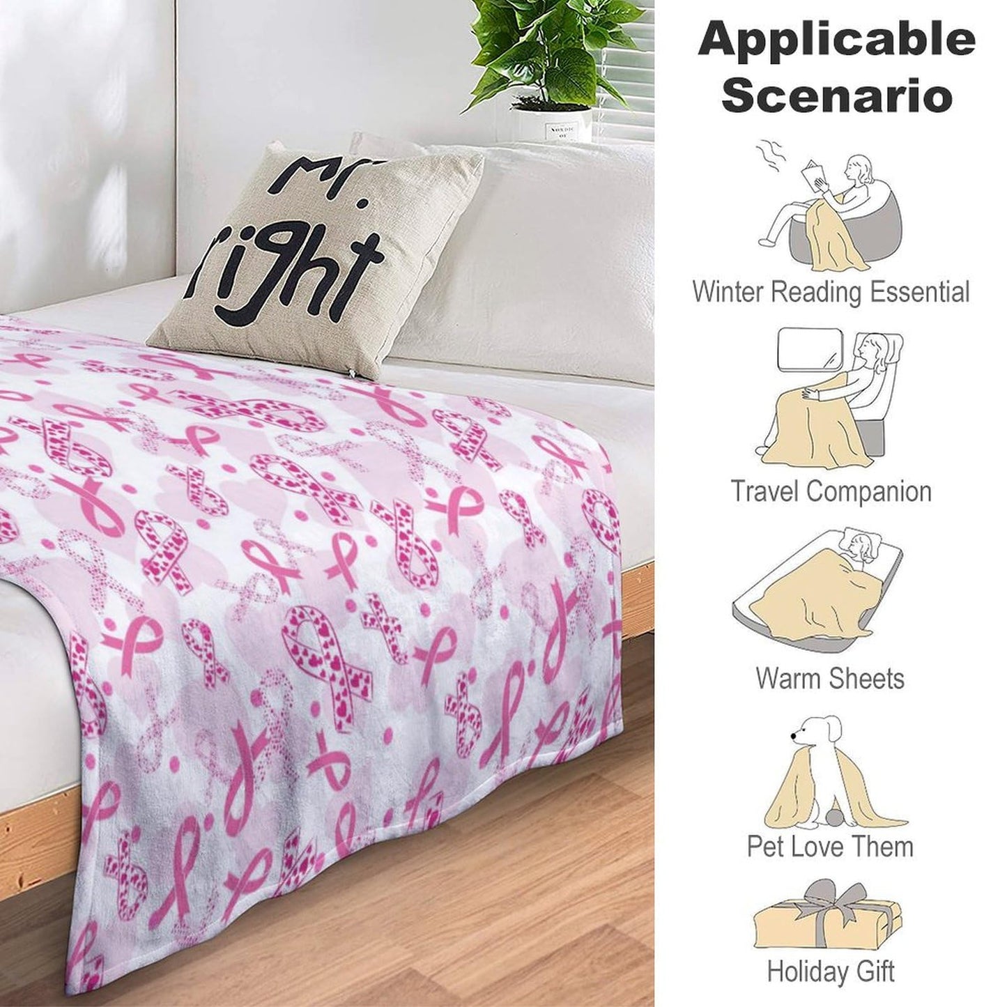 Breast Cancer Awareness Pink Ribbon Blanket - Soft Flannel Throw for Women, 40x50inches