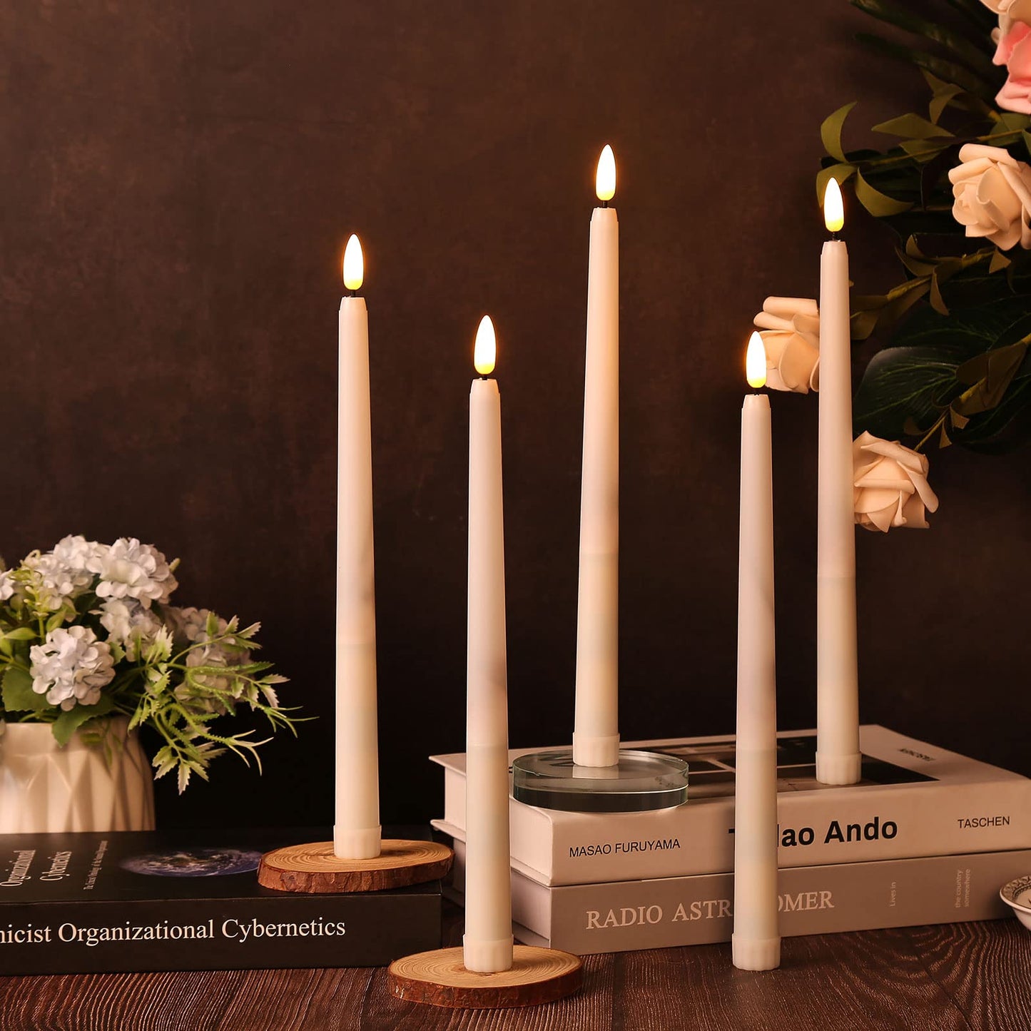 IMAGE Rechargeable Flameless Taper Candles with Remote, 12 Pcs LED Candlesticks 3D Wick Ivory Taper with Timer Flickering Function for Home, Wedding, Birthday Halloween Christmas (Corded Electric)