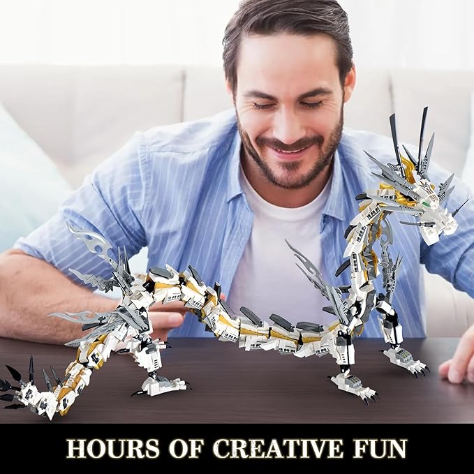 HIGH GODO Dragon Building Blocks Sets for Adults White Mechanical Dragon Animal Building Model Collectible Display Toys Cool Creative Gifts for Teens Fans (1485 Pieces)
