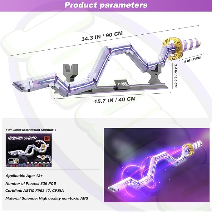 Jorumo Swords Building Sets for Adults 34in Iguro Obanai Sword Building Block with Stand Anime Sword Building Toy Katana Gift 836 Pcs