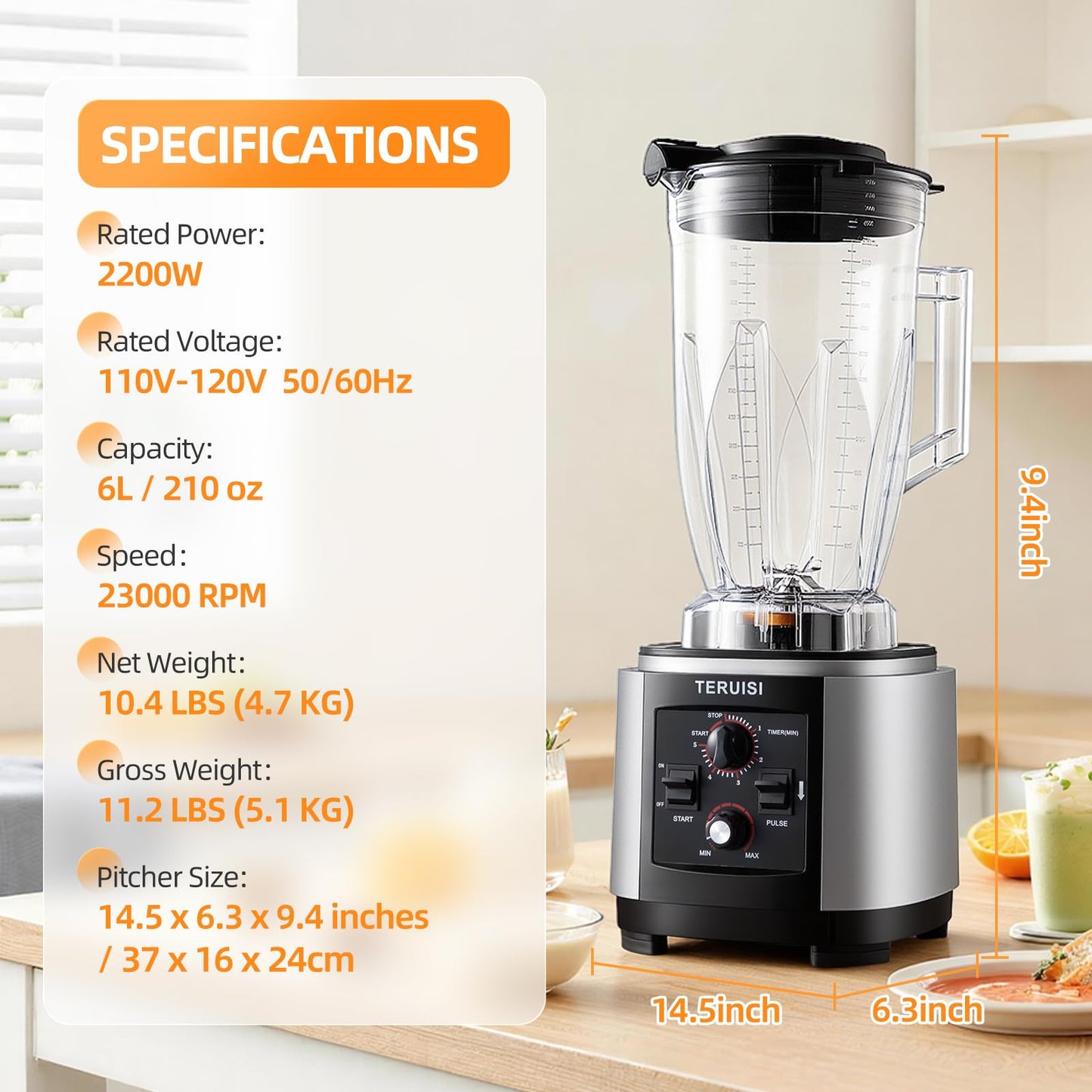TERUISI 210 Oz / 6 L Commercial Blender, Heavy Duty Industrial Blender with Adjustable Speed & Timer Function, 2200W Countertop Blender with 23000RPM for Ice Crushing, Frozen Drinks, Milkshakes, Puree