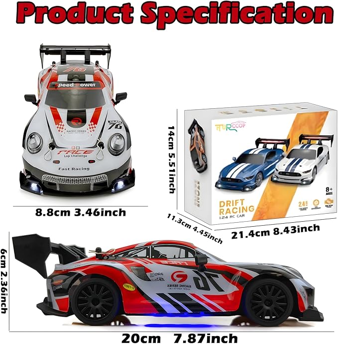 RC Drift Car 1:24 2.4GHz with LED Light Race Car Toys for Boy Girl 8-12 Years Old Speed Adjustable 25Km/HHigh Speed RC Racing Cars Perfect Toy Gift for Boys & Girls