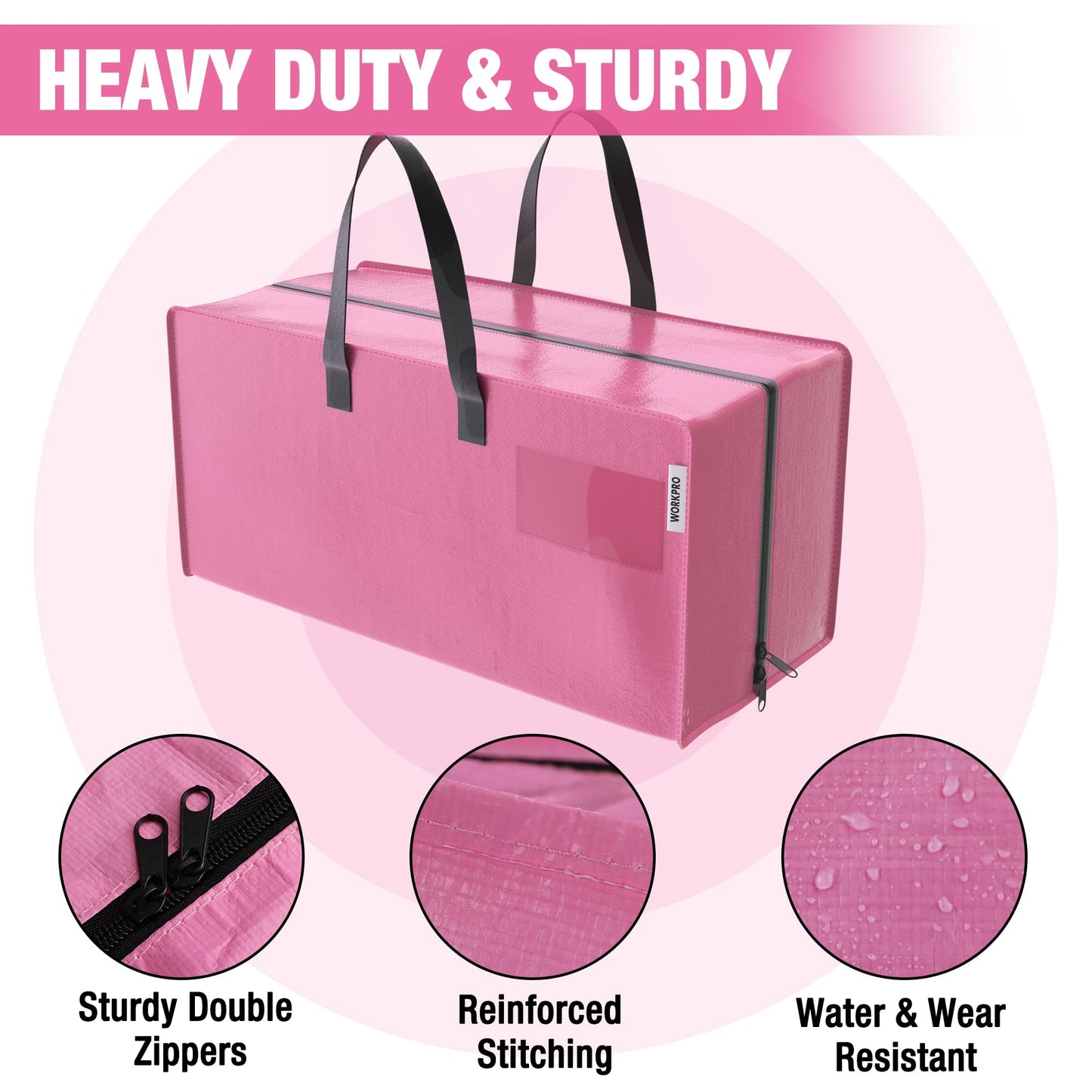 WORKPRO 6 Pack Extra Large Moving Bags with Zippers & Carrying Handles Backpack Straps, Heavy-Duty Storage Tote for Space Saving Moving Storage (Pink)