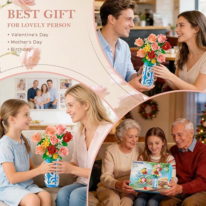 14 Flowers Bouquet Building Set with Vase and LED Light Easter Gifts for Family Friends 747 PCS Mini Roses Flower Building Blocks Toy Artificial Roses Flowers Home Decor & Display