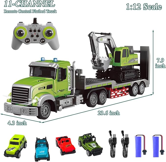 Fistone RC Semi-Trailer Truck & Excavator Toy Set 1:12 Scale with Sound and Lights 2.4Ghz Remote Control Flatbed Truck and Excavator Toys for Boys 6-12 Years Old