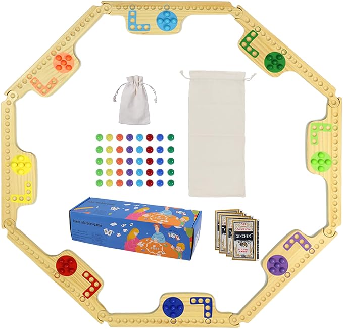 Jokers and Marbles Board Game - Wooden Travel Game for 2-8 PlayersCard and Marble Gamewith 8 Game Boards 4 Cards 40 Marble - for Travel & Parties and Family Nights