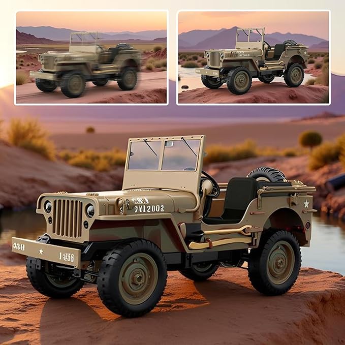 Skymaker RC Trail Truck 4x4 Remote Control Rock Crawler Off Road RC Jeep with Machine Gun & Two Batteries RTR All Terrains 2.4GHz Military Car for Adult(Camel)