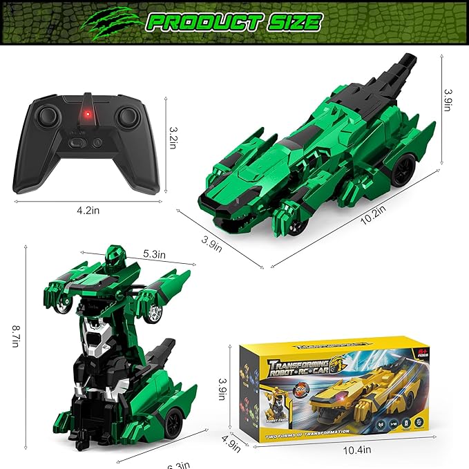 Dinosaur Transform Rc Cars 2.4Ghz Remote Control Car Transforming Robot with Flashing Light 360° Rotation One Button Deformation Car Toy Gifts for Boys Age 4-7 8-12