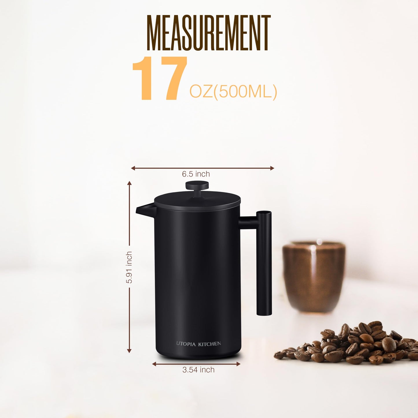 Utopia Kitchen 304 Grade Stainless Steel French Press Coffee Maker 17 Oz, Double Wall Insulated Coffee Press with 4-Level Filtration system, Include 2 Extra Filters, Rust-Free, Black