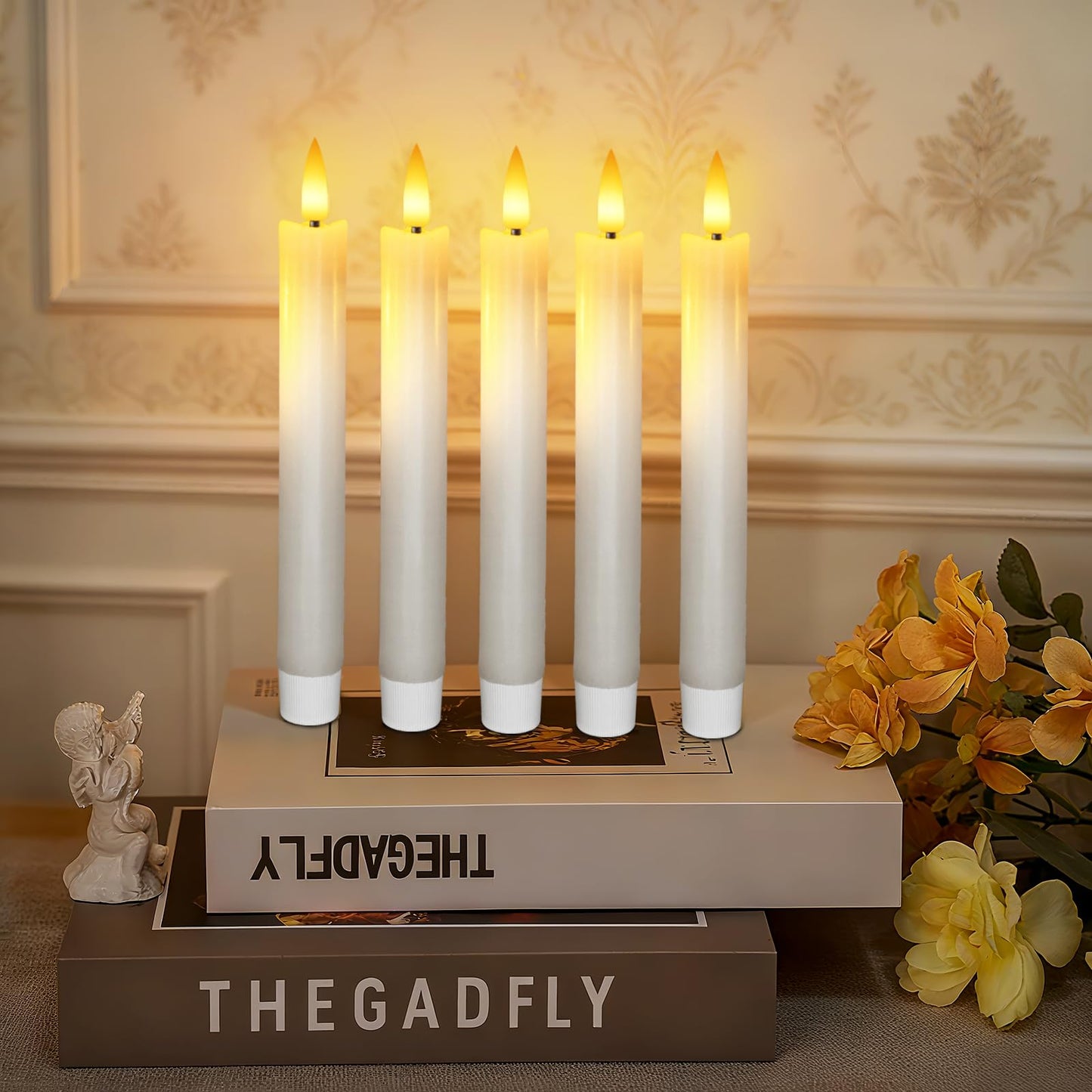 Meigic 7 Inches Dripless Flameless Taper Candles with Remote Timer Dimmer, Real Wax Battery Candlesticks, 3D Flame Fake Candlesticks for Home Wedding Christmas Decor, White, 6 Pcs