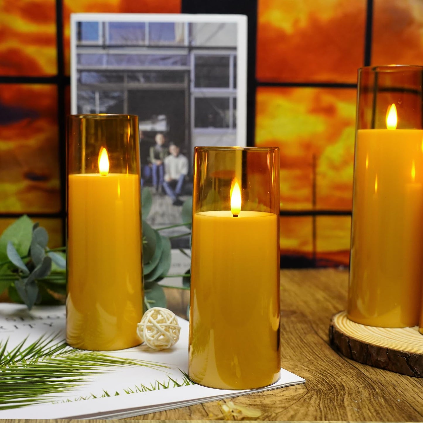 kakoya Flickering Flameless Candles Battery Operated with Remote and 2/4/6/8 H Timer Acrylic Led Pillar Candles Pack of 9 (appr D2.3"xH5.5"6.5"7.5")with Realistic 3D Wick Candles for Home Decor(Gold)