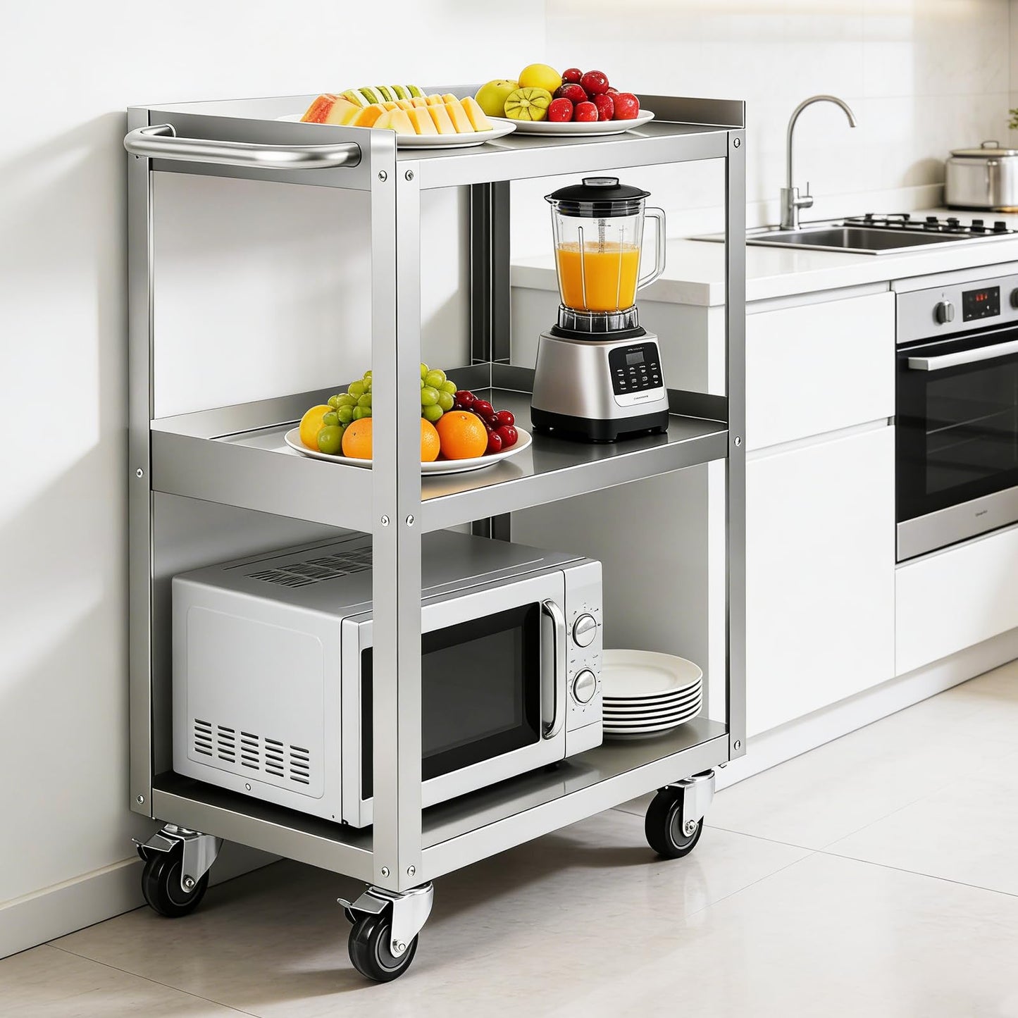 Hally Stainless Steel Utility Cart 3 Tier NSF Commercial Heavy Duty Metal Mobile Food Rolling Cart with Handle and Wheels for Kitchen, Restaurant, Hospital, Laboratory and Home, 24" L x 16" W x 34" H