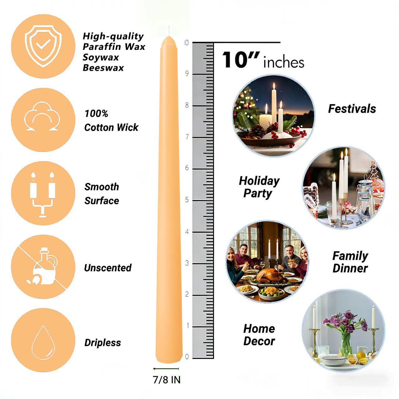 20-Pack Light Orange Taper Candles Unscented, 10 Inch Tall Dinner Table Candlesticks for Halloween Fall Wedding Centerpieces, Bulk Tapered Candles Smokeless Dripless, Decorative Candle for Home Decor