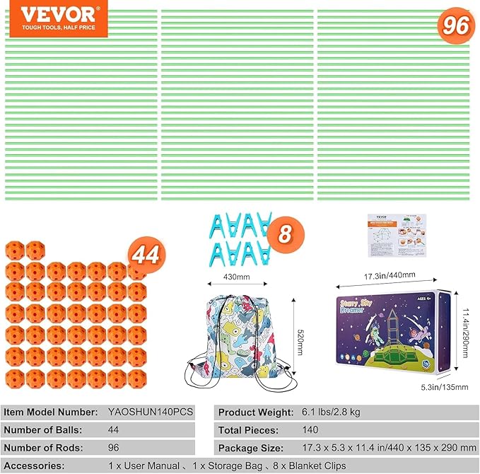VEVOR Fort Building Kit for Kids 140PCS Glow in The Dark STEM Building Toys Educational Gift for 4 5 6 7 8+ Year Old Boys & Girls Indoor Outdoor Kids Fort Building Kit with 96 Rods and 44 Balls