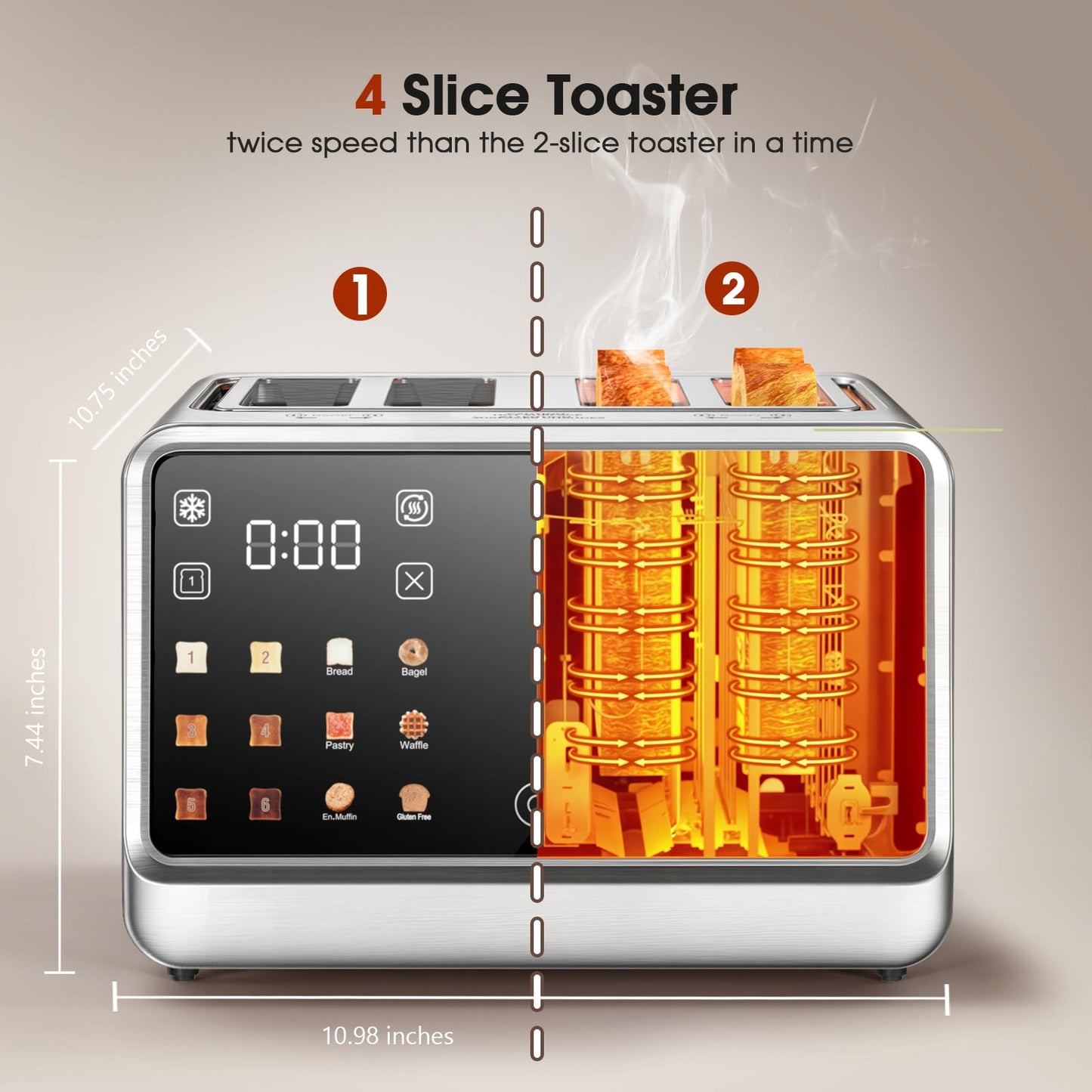 4-Slice Smart Toaster, 1800W Digital Touchscreen with Dual-Zone Control, 1.5" Extra-Wide Slots for Bagels & Thick Bread, 6 Browning Levels & 6 Presets, Single-Slot Energy Saving, Defrost/Reheat