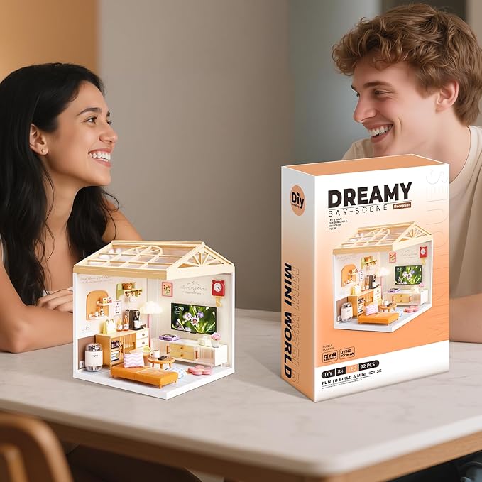 DIY Miniature House Kit for Adults LED Living Room Dollhouse Kit with Furniture & Roof Creative Building Toy for Mini Figures Adult Craft Kits & Room Decor Gift